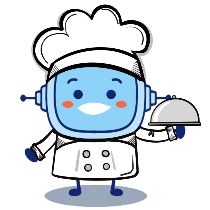 Rétor lleva un gorro blanco de cocinero, una chaqueta blanca con botones y una bandeja en la mano cubierta por una tapadera redonda.