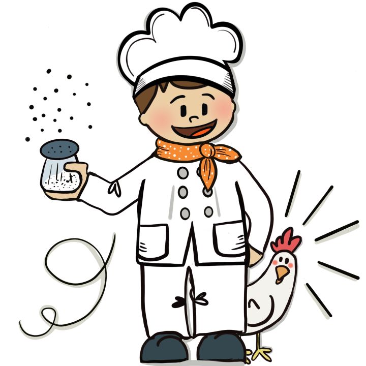 Un cocinero de piel clara y pelo marrón, vestido con un pañuelo rojo con lunares blancos anudado en el cuello y con uniforme blanco, con gorro, pantalón y chaqueta abotonada. En una mano tiene un salero, con puntos negros que simulan que la echa, y detrás de él aparece una gallina asustada.