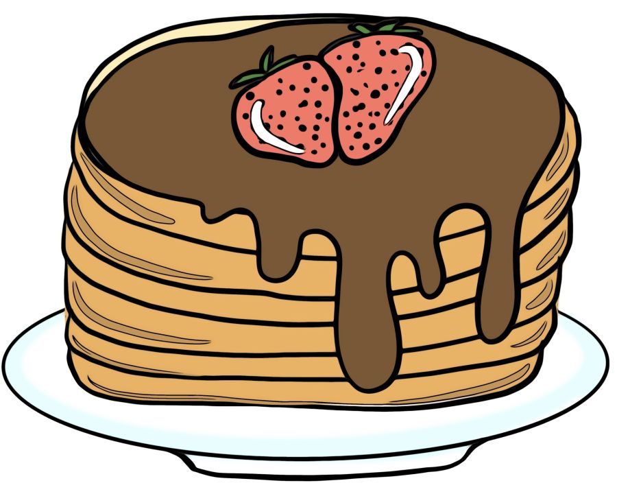 Imagen de una torre de tortitas sobre un plato. Sobre ellas cae chocolate y encima hay dos fresas.