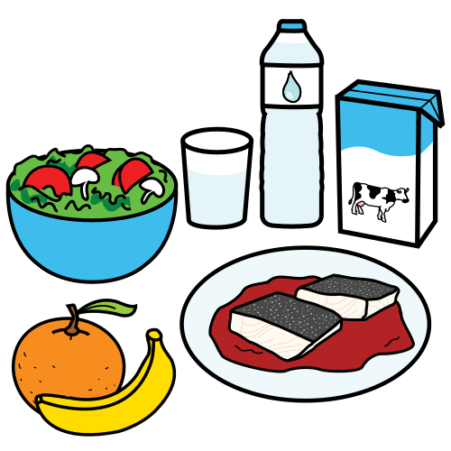Dibujo donde aparecen diferentes alimentos saludables: una ensalada, una botella de agua con un vaso al lado, un tetrabrick de leche, una naranja y un plátano y dos filetes de pescado sobre un plato.