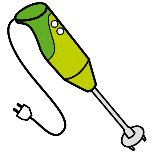 Dibujo que representa un objeto alargado de color verde con dos botones y un brazo donde se encuentran las cuchillas que sirven para mezclar los alimentos.
