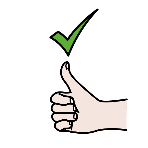 Imagen de una mano con el dedo pulgar levantado en señal de aprobación. Sobre la mano hay un tick verde. 
