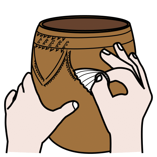 Dibujo que representa dos manos que sujetan una vasija de barro. Una de las manos está haciendo un dibujo sobre la vasija. 