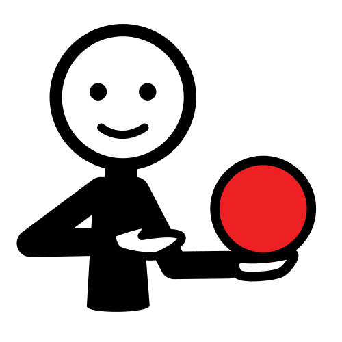 Dibujo que representa a una persona que sostiene en su mano derecha izquierda una bola roja mientras que con la mano derecha la señala. 