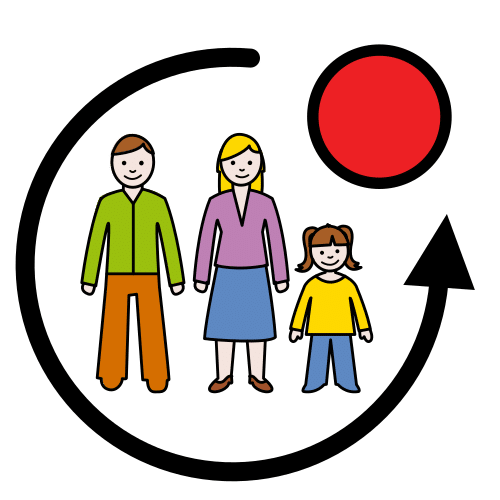 Imagen donde se ven tres personas rodeadas por una flecha circular que apunta hacia un círculo de color rojo.