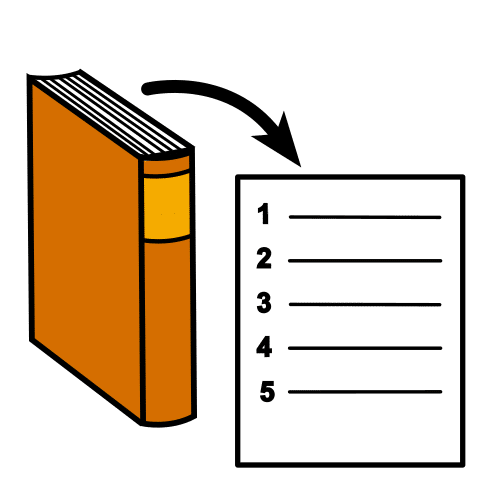 Imagen que representa un libro del cual sale una flecha que señala una hoja donde aparecen diversas líneas numeradas del 1 al 5.
