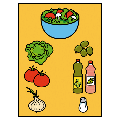 Dibujo donde aparece la imagen de una ensalada en la parte superior. Debajo de la ensalada aparecen los siguientes alimentos: lechuga, aceitunas, tomate, una botella de aceite de oliva y otra de vinagre, cebolla y sal. 