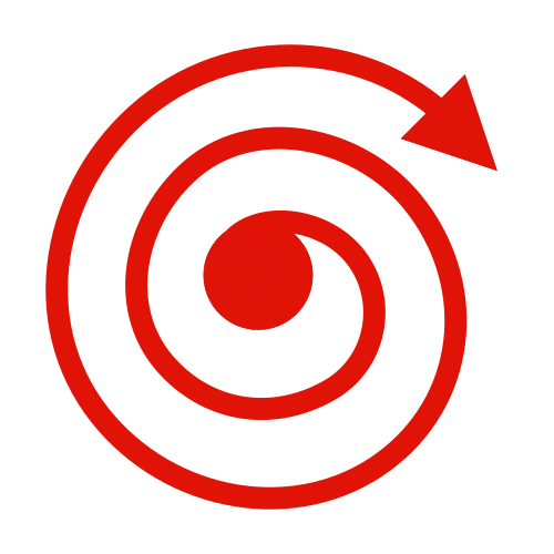 Imagen que representa una espiral de color rojo en cuyo centro hay un punto y en el extremo exterior termina en una flecha.. 