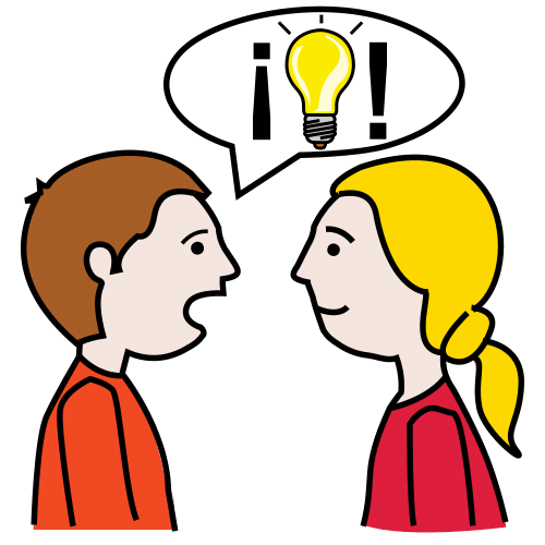 Imagen que representa a dos personas hablando entre sí. Una de ellas tiene la boca abierta y sale un bocadillo dentro del cual hay una bombilla entre signos de exclamación. 