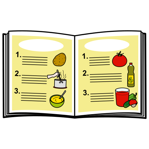 Imagen de un libro abierto en cada una de cuyas páginas se ven recetas de cocinas con sus pasos numerados. 