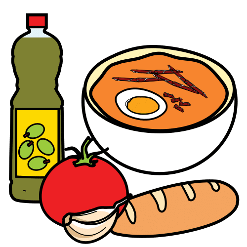 Imagen donde se ve un plato de salmorejo elaborado y los ingredientes que se han usado para hacerlo: aceite de oliva, tomate, pan y ajo. 