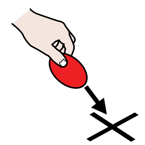 Dibujo que representa una mano con un gomet rojo que se dirige hacia un punto marcado con una x, indicado con una flecha. 