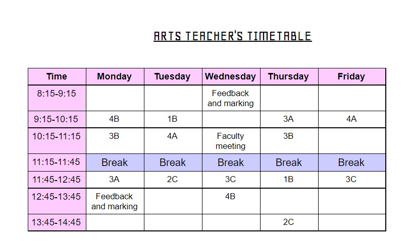 La imagen muestra el horario de una profesora de arte