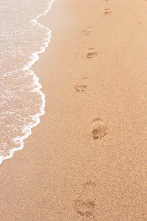 La imagen muestra pasos de pie en la arena marrón de la playa