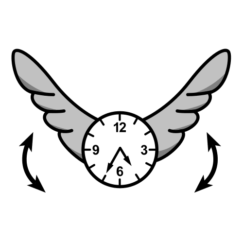 La imagen muestra un pictograma de un reloj con dos alas dibujadas a cada lado, con efecto de movimiento como si estuviese volando.
