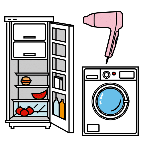 La imagen muestra varios electrodomésticos, una nevera, un secador y una lavadora. 