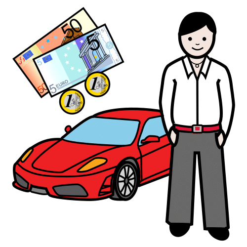  La imagen muestra un hombre bien vestido, delante de un coche deportivo de color rojo y encima de éste billetes y monedas cayendo. 
