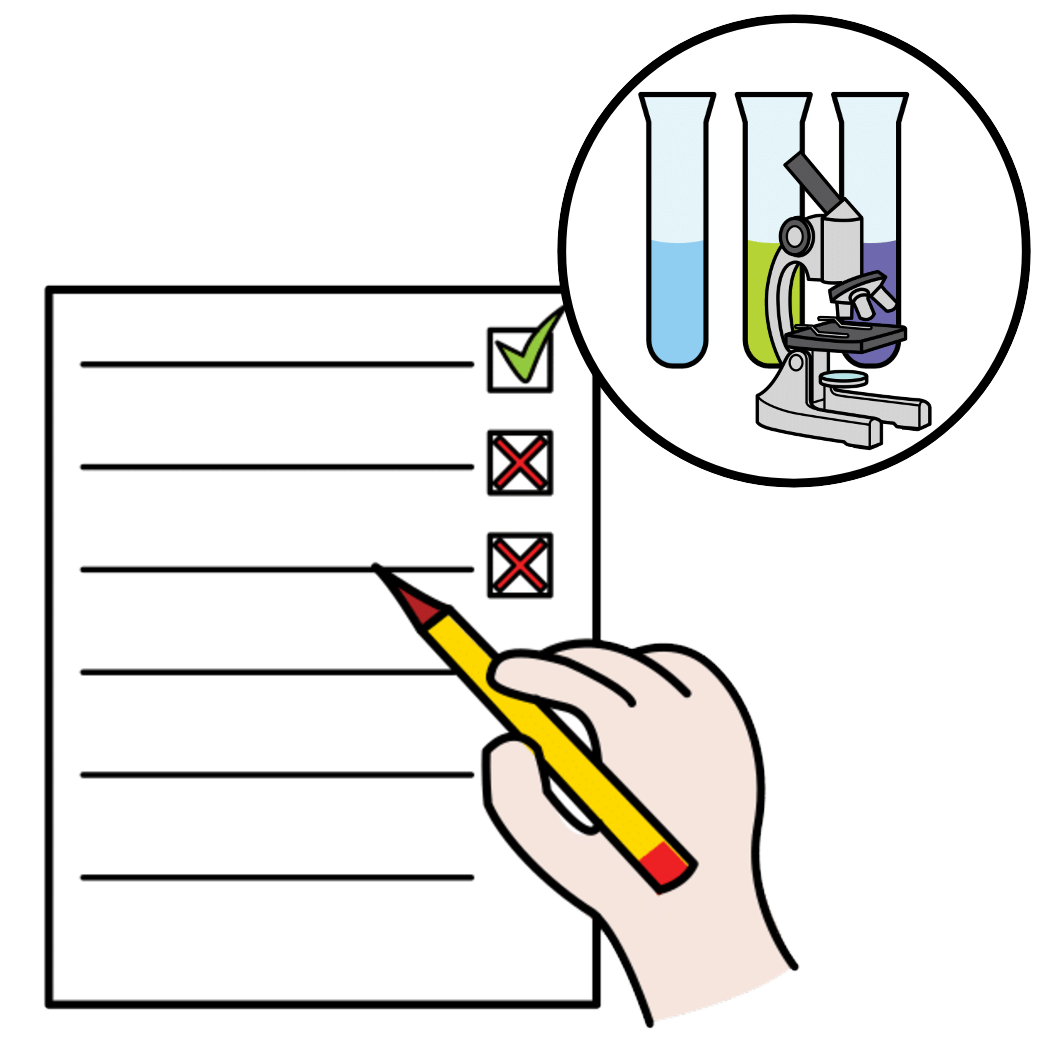  La imagen muestra un papel con varias opciones de respuestas y una mano con un lápiz sobre dicho papel marcando las mismas y al lado tres tubos de ensayo y un microscopio dentro de un círculo.