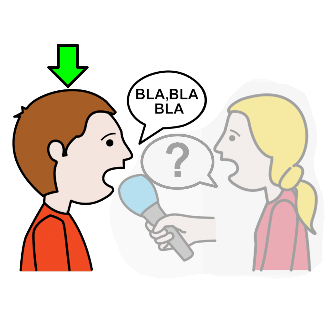 La imagen muestra una mujer difuminada entrevistando a un chico que aparece más resaltado en color y al que señala una flecha verde encima.