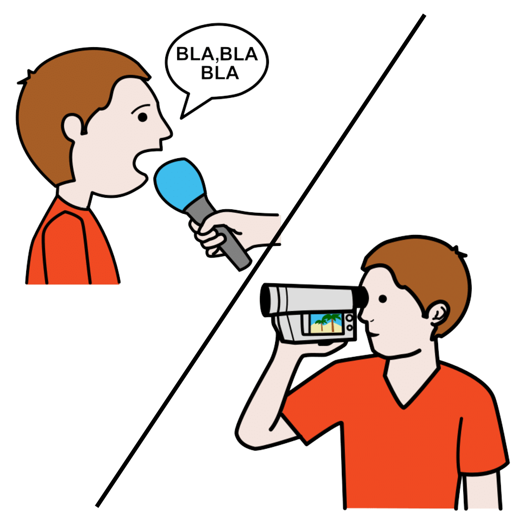 La imagen muestra dos imágenes enfrentadas diagonalmente, una de ellas con una persona hablando hacia un micrófono y la otra con una cámara de vídeo colocada en un ojo grabando.