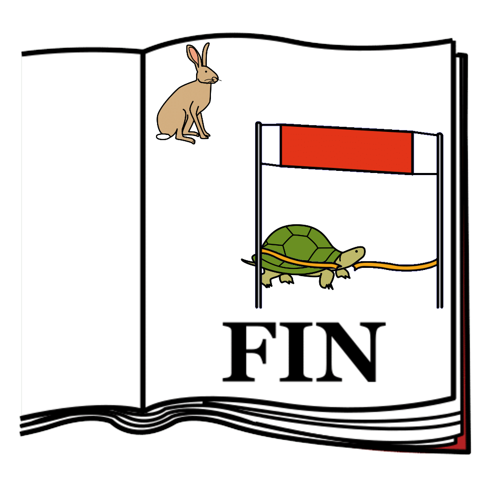 La imagen muestra el final de una fábula en la que se ve a una liebre y una tortuga llegando a una meta, habiendo ganado la tortuga pese a que es un animal de menor velocidad.
