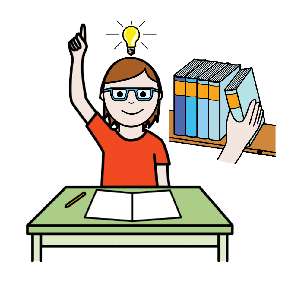  la imagen muestra una niña con gafas con la mano levantada, encima de su cabeza aparece una bombilla encendida y a la izquierda una mano cogiendo un libro de una estantería.