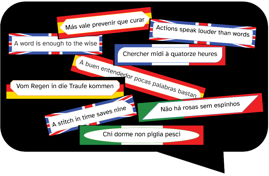 La imagen muestra un gran bocadillo de diálogo en el que hay refranes de distintas lenguas, con sus banderas correspondientes detrás de ellos.