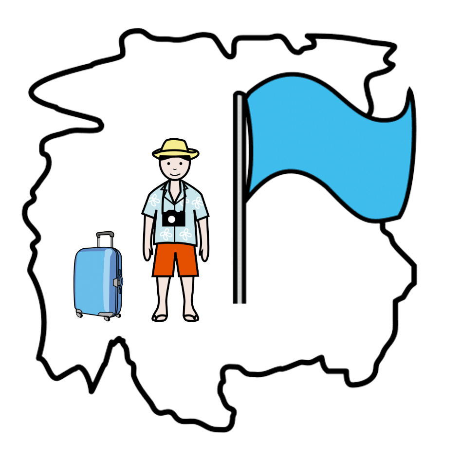 La imagen muestra el mapa de un país con una bandera y en el centro del mismo hay una persona ataviada con ropa de turista junto a una maleta de viaje.