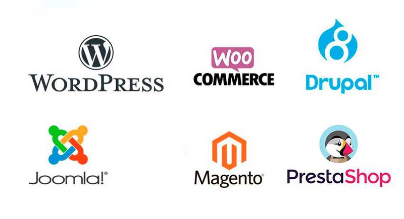 Varias marcas de Sistemas Gestores de Contenido: Wordpress, Drupal, Joomla, Magento, Prestashop, Commerce.