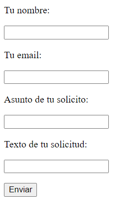 Imagen de la apariencia del formulario en la web con los cuatro campos a rellenar y el botón de Enviar.