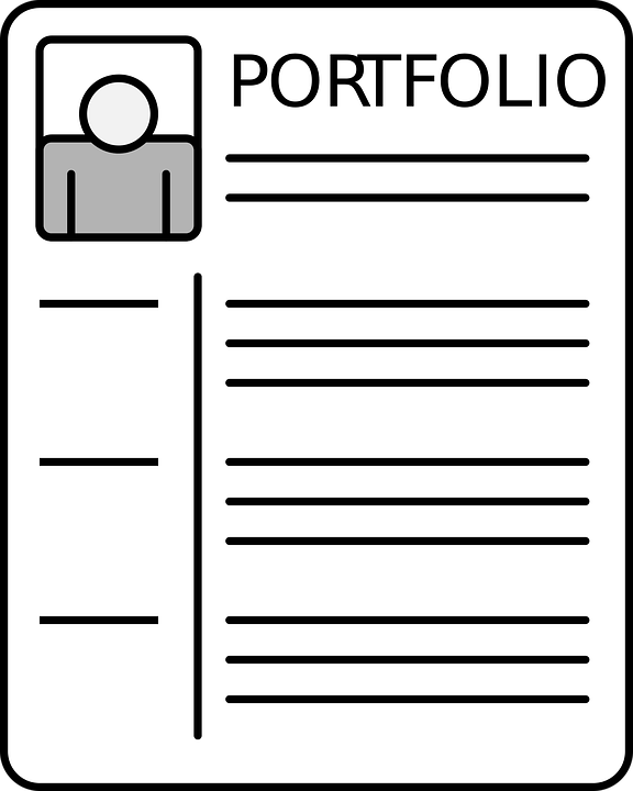 Imagen que muestra un esquema de diseño visual de portfolio digital con la foto arriba a la izquierda, un índice a la izquierda y un desarrollo de contenido a la derecha.