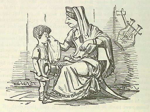 Viñeta que representa a una matrona romana sonando los mocos de su hijo