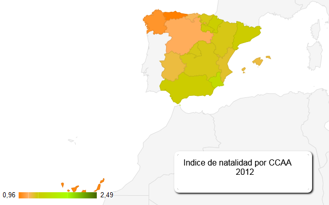 Distribución de la Tasa Bruta de Natalidad por Comunidades Autónomas en el año 2012. Observerse las diferencias entre unas y otras.