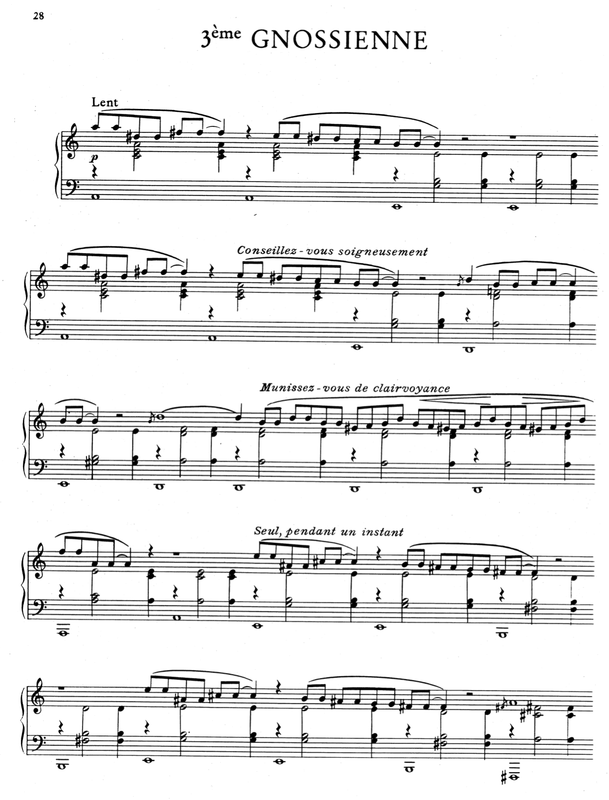 Primera página de la Gnossienne 3, de E. Satie.