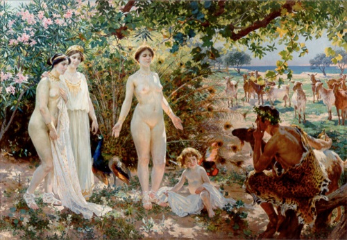 La pintura muestra el Juicio de Paris con las diosas Atenea, Hera y Afrodita, desnudas ante Paris