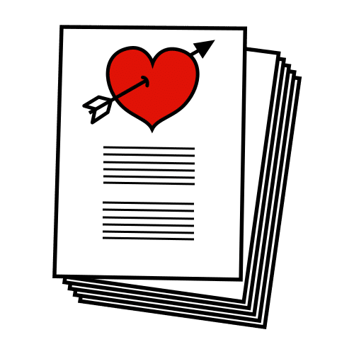 La imagen muestra el pictograma poema donde se ven folios con un corazón atravesado por una flecha