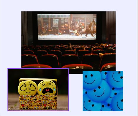Esta imagen muestra una pantalla de cine con dos imágenes de emoticonos que muestran alegría, tristeza.