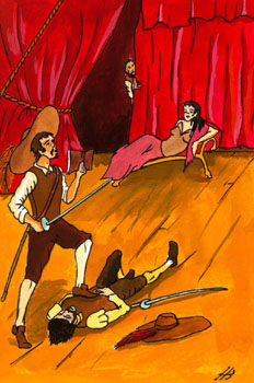 Escena donde aparecen tres personajes: al fondo una dama tirada en el suelo. En el centro aparecen dos personajes, uno de ellos tirado en el suelo y su espada y su sombrero en el suelo. De pie aparece un hombre cuyo pie está encima del pecho del hombre tendido. Este hombre lleva una espada en su mano derecha.