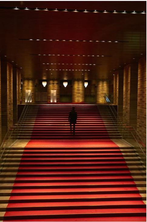 Esta imagen muestra un escalera muy larga y ancha, cubierta por una alfombra roja. Un hombre sube por la escalera.