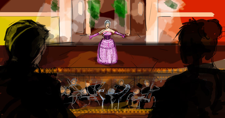 Escena de una mujer con vestido y guantes color violeta que está cantando en un teatro. Debajo de ella se ve una orquesta donde los músicos aparecen difuminados. La escena es vista por dos espectadores.