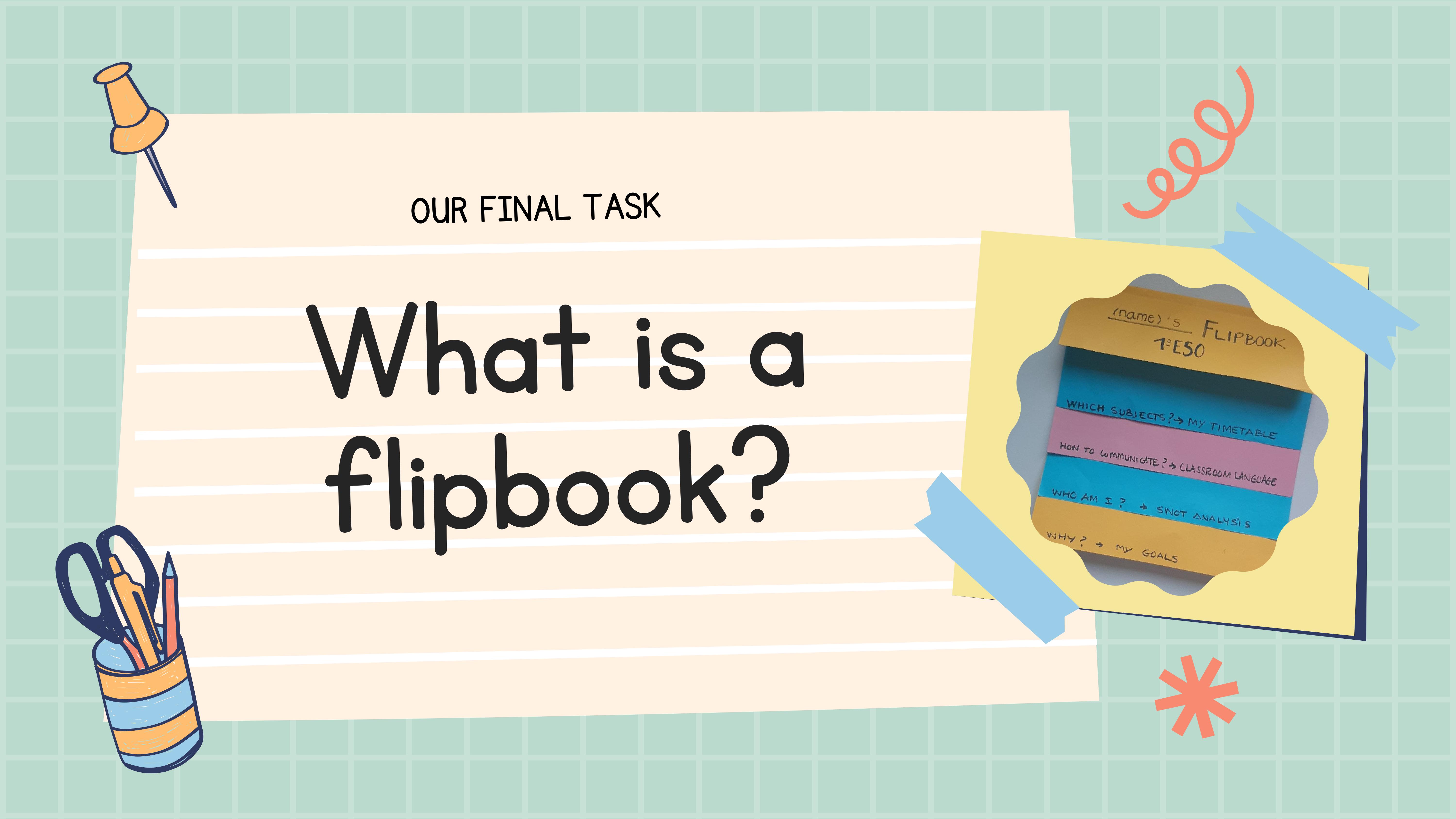 First image of the video. It can be read: what is a flipbook and it can be seen a model of flipbook.