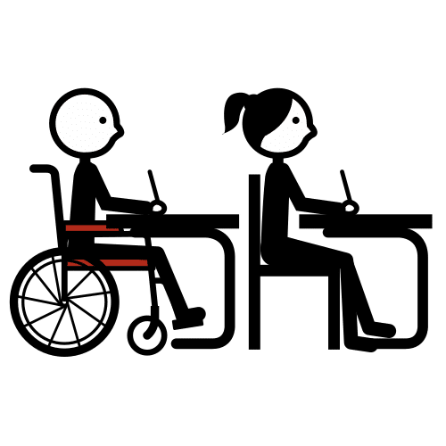 Icono donde aparece un aula donde hay dos personajes en fila, sentados frente a sus pupitres. Uno de ellos está en silla de ruedas.