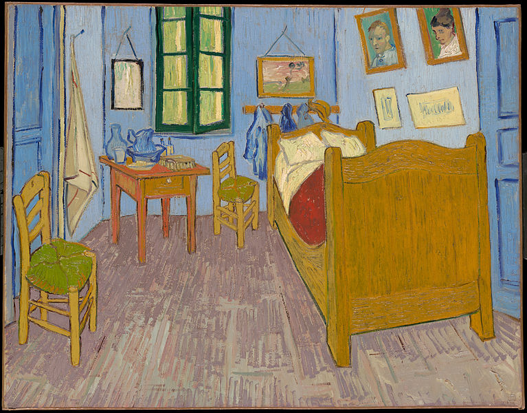 Dibujo de trazos gruesos y colores fuertes amarillos y azules de una habitación humilde. Famoso cuadro de Van Gogh