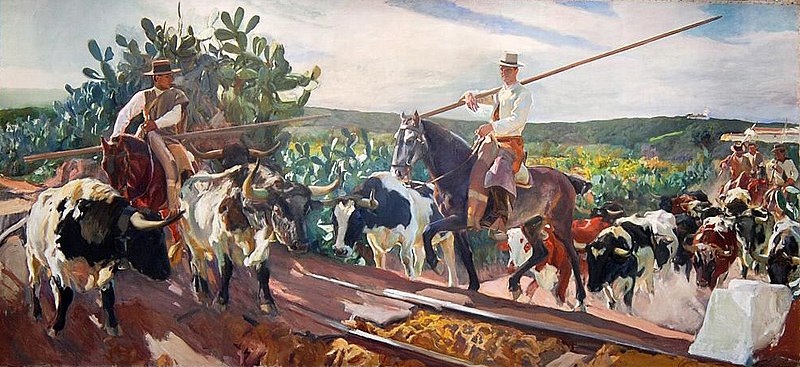 Cuadro colorido donde se ve a unos jinetes a caballo llevando a un rebaño de vacas a través de un campo con vegetación