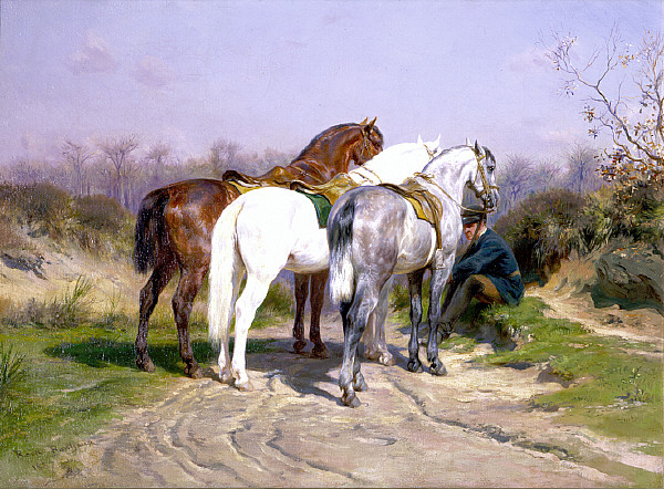 Cuadro que muestra un jinete sentado en el campo junto a 3 caballos.