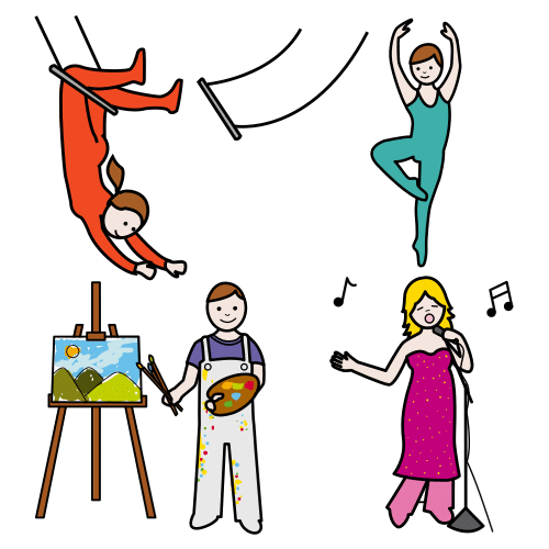 Se ven cuatro personas en diferentes actividades. Una deportiva con dos trapecios, otro hombre haciendo baile, otra persona pintando y la última mujer cantando.