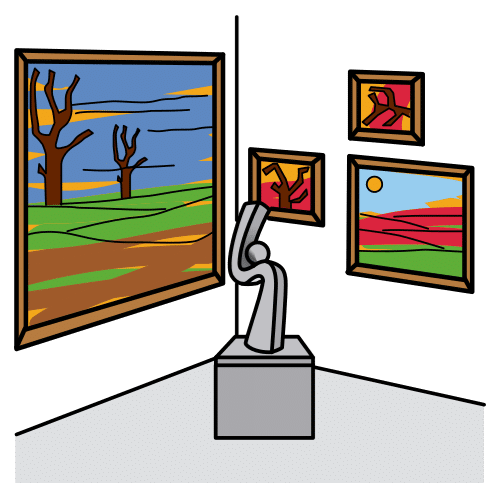 Una sala con un cuadro grande a la izquierda y tres más pequeños a la derecha. En medio hay una escultura.