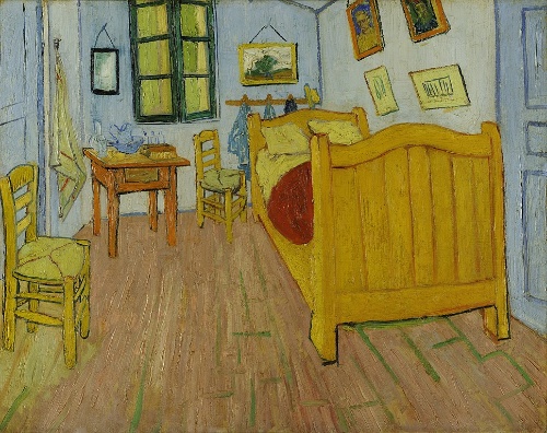 Dibujo de trazos gruesos y colores fuertes amarillos y azules de una habitación humilde. Famoso cuadro de Van Gogh