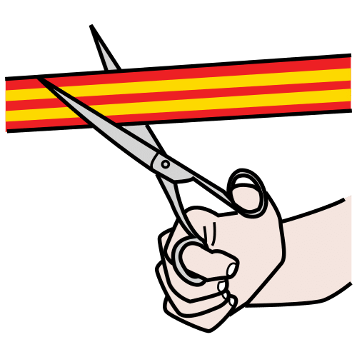 Fondo blanco donde se ve una mano con una tijera cortando una cinta de colores amarillo y rojo.