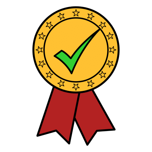 Una medalla redonda color dorado con estrellas alrededor y un signo de visto en verde. Por debajo le cuelgan dos trozos de tela roja
